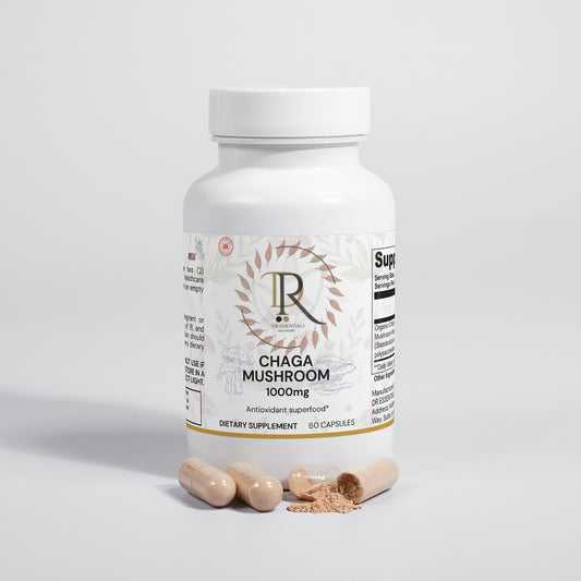 Supplement bottle labeled 'Chaga Mushroom 1000mg' with capsules on a light gray background